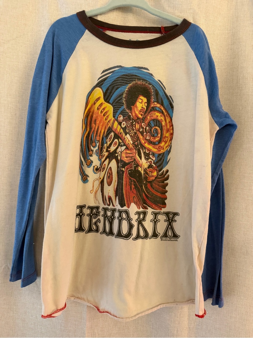 ROWDY SPROUT Jimi Hendrix Graphic Raglan Tee in White & Blue YOUTH SIZE 8